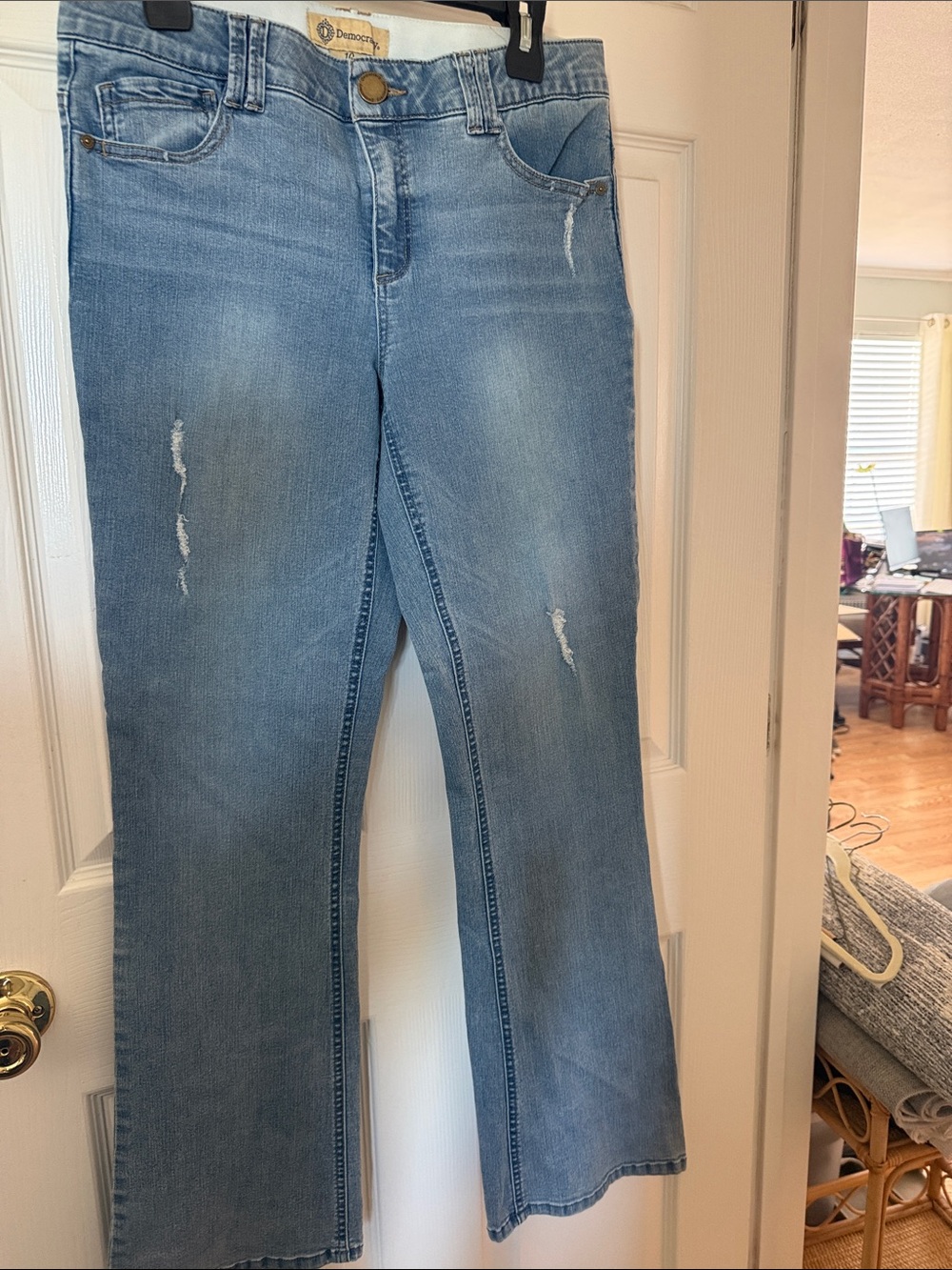 Democracy Light Blue Flare Jeans with Subtle Distressing